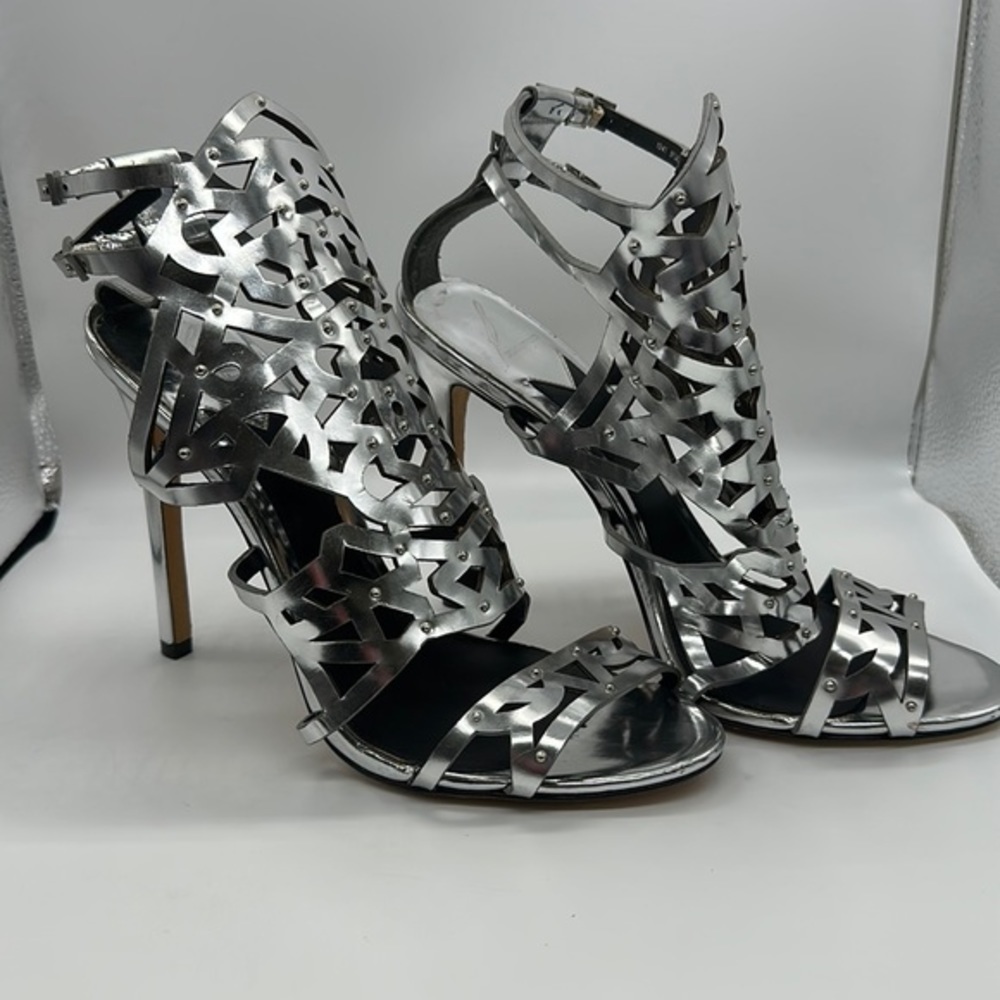 B Brian Atwood Laconica Mirrored Laser-Cut Cage Sandal, Silver size 10 - Picture 2 of 8